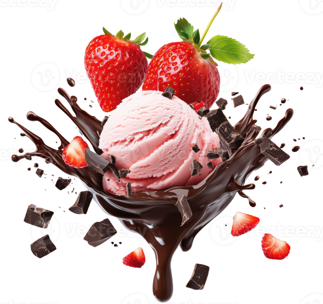 Delicious strawberry ice cream topped with fresh strawberries and rich chocolate sauce, creating delightful dessert experience. Isolated on transparent background png