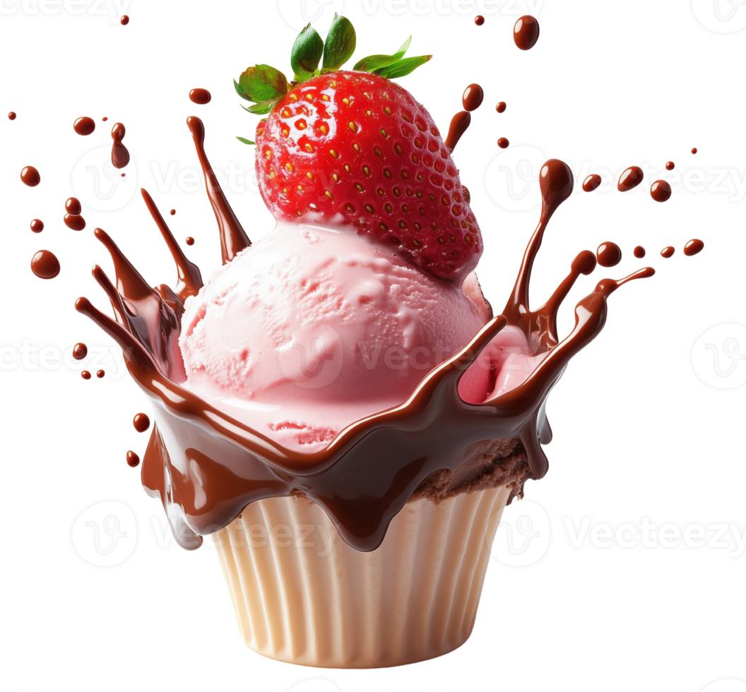 Delight in strawberry ice cream topped with fresh berry, surrounded by rich chocolate splashes, creating tempting dessert experience. Isolated on transparent background png