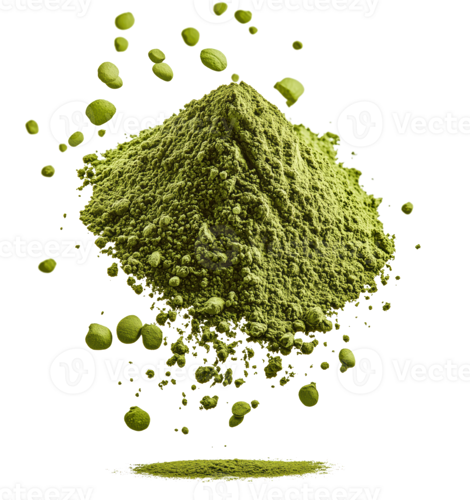 Green powder forms vibrant mound, surrounded by floating particles, showcasing its fine texture and rich color. This evokes sense of natural health and vitality. Isolated on transparent background png