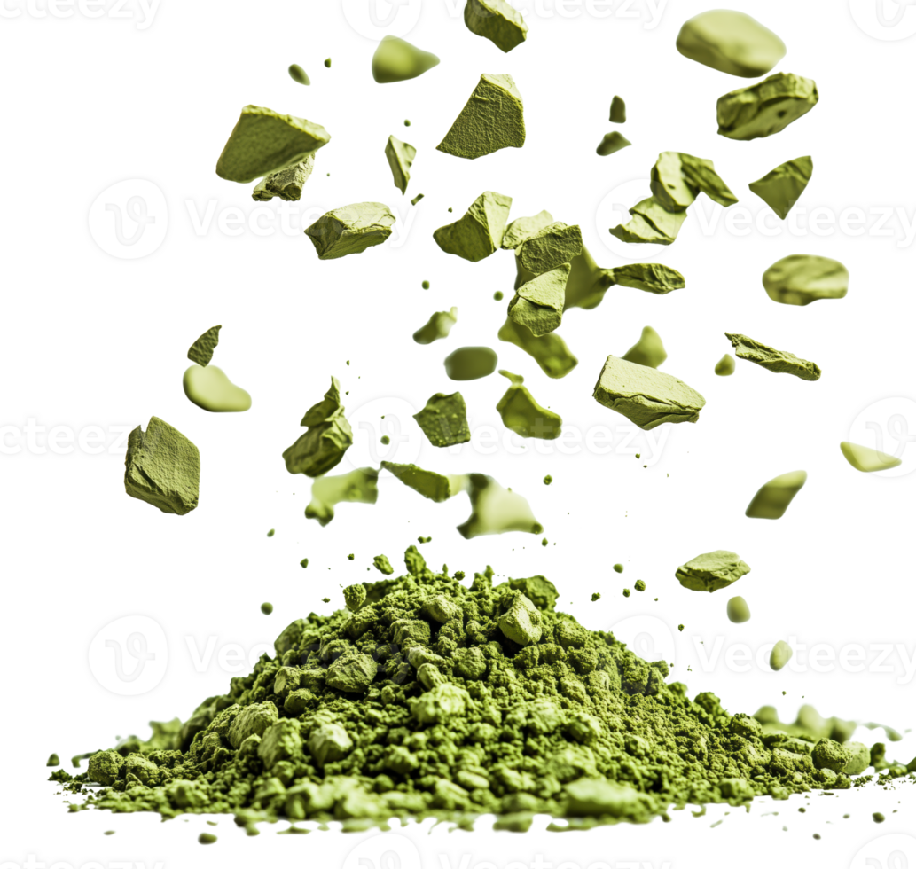 Green powder particles and chunks are suspended air, creating dynamic and energetic scene. vibrant green color suggests freshness and vitality, ideal for health Isolated on transparent background png