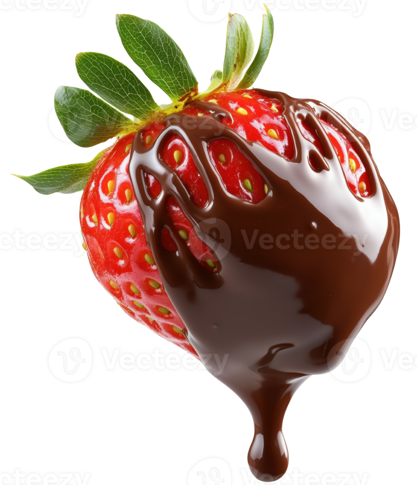 A Fresh strawberry covered in rich melted chocolate, creating delicious and indulgent treat that is visually appealing and perfect for dessert lovers. Isolated on transparent background png