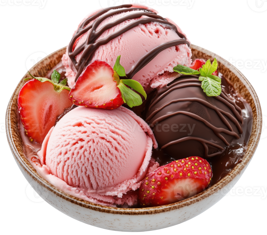 Delight in bowl of strawberry ice cream topped with rich chocolate drizzle, fresh strawberries, and mint leaves, perfect for sweet treat. Isolated on transparent background png