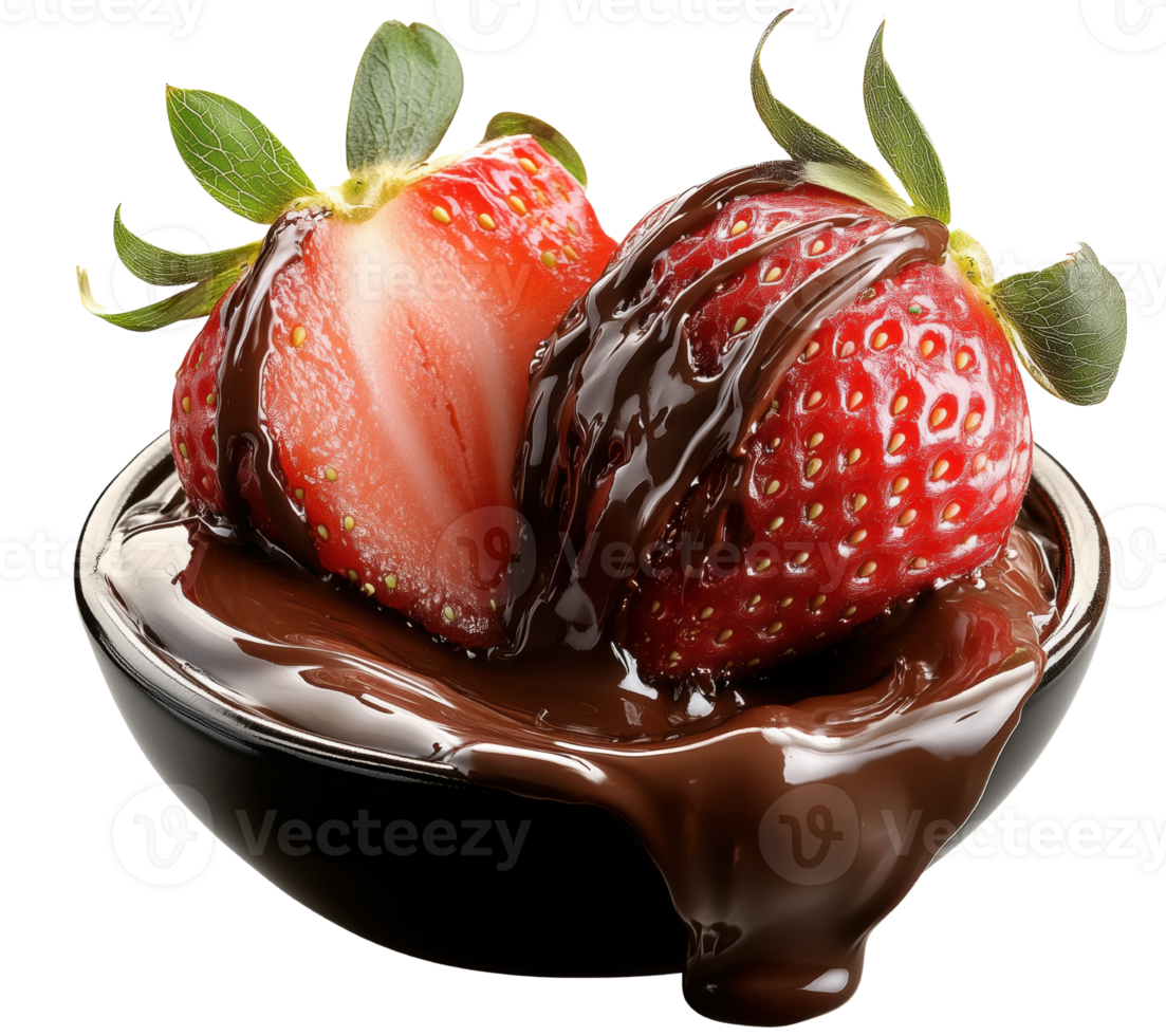 Strawberries dipped in rich melted chocolate in black bowl, creating delicious and tempting treat. Perfect for dessert lovers Isolated on transparent background png