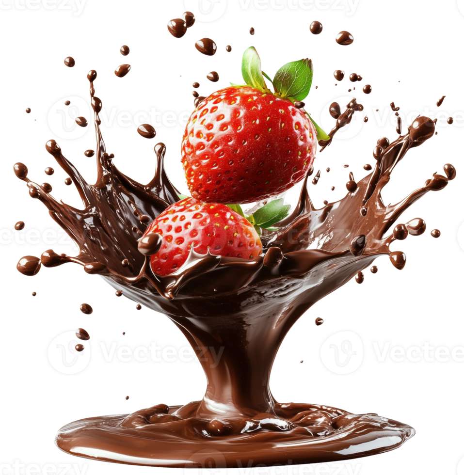 Delicious strawberries splashing into rich melted chocolate create delightful and indulgent scene, perfect for dessert lovers. Isolated on transparent background png