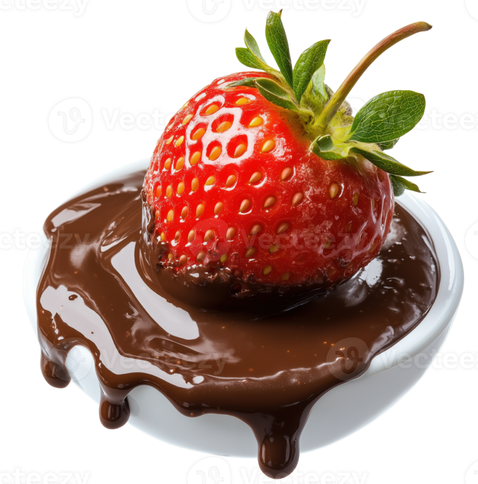 Fresh strawberry dipped rich melted chocolate, creating delightful and indulgent treat. vibrant red fruit contrasts beautifully with glossy chocolate Isolated on transparent background png