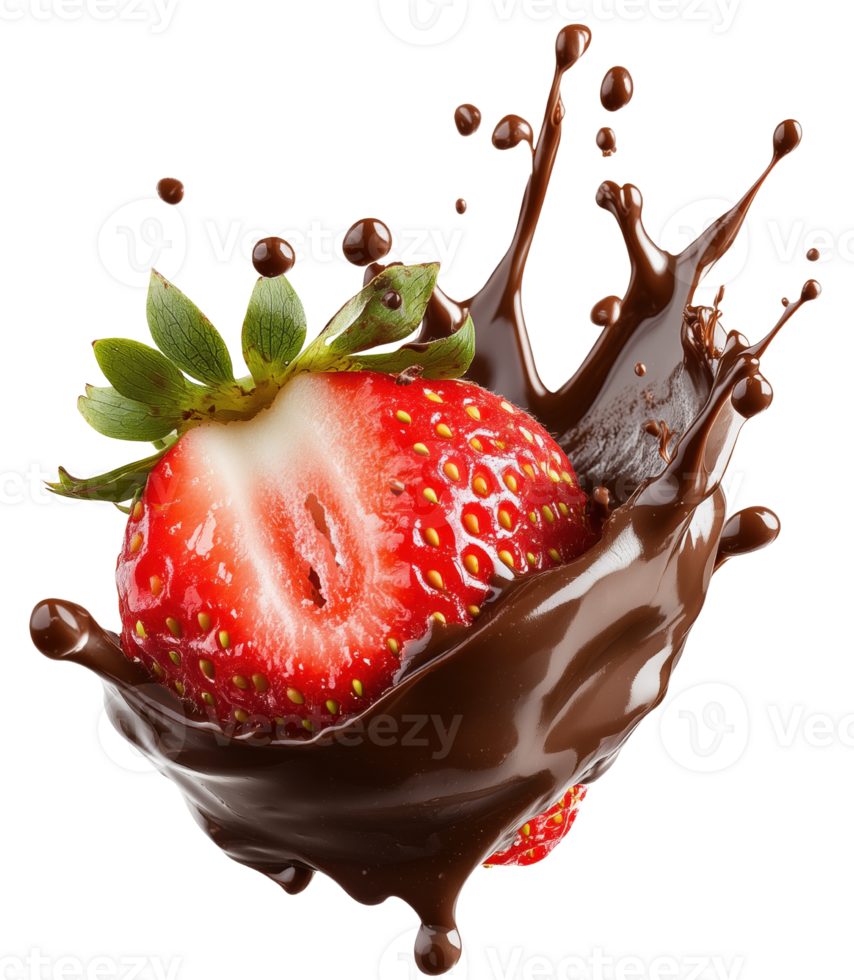 Fresh strawberry splashing in rich melted chocolate, creating delightful and indulgent scene. vibrant colors and textures evoke sense of sweetness and luxury. Isolated on transparent background png