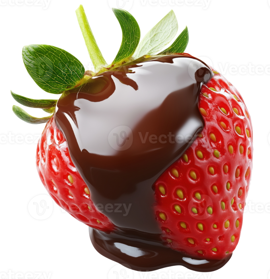 Fresh strawberry dipped in rich melted chocolate, showcasing delightful contrast of colors and textures, perfect for dessert lovers. Isolated on transparent background png