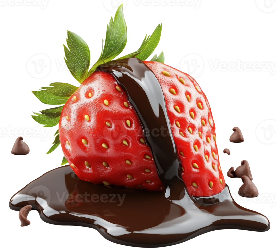 Fresh strawberry covered in rich melted chocolate, creating delicious and indulgent treat that is visually appealing and tempting. Isolated on transparent background png