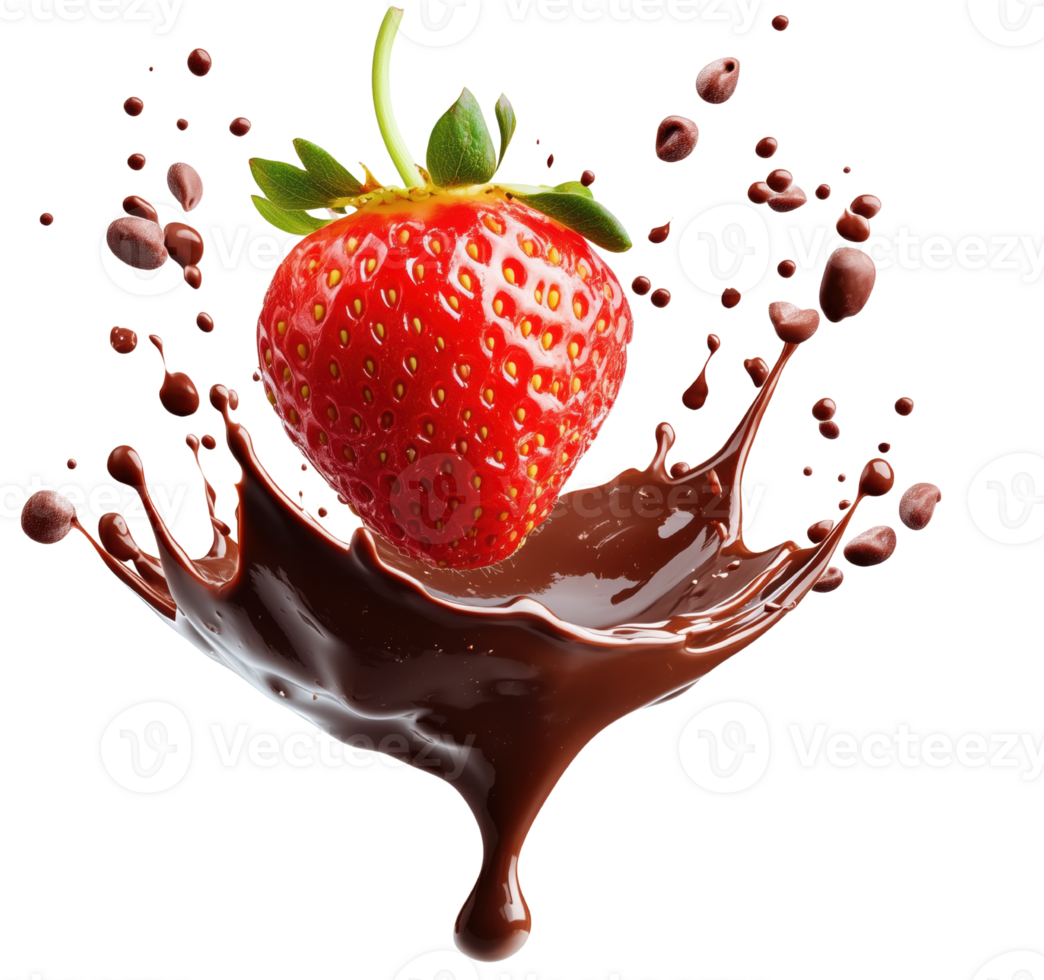 Vibrant strawberry splashes into rich melted chocolate, creating delightful scene of indulgence and flavor. contrast of colors enhances visual appeal. Isolated on transparent background png