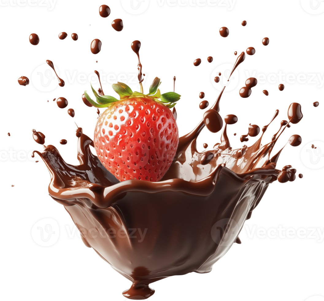 Fresh strawberry splashes into rich melted chocolate, creating enticing scene of indulgence and delight. vibrant red fruit contrasts beautifully with dark Isolated on transparent background png