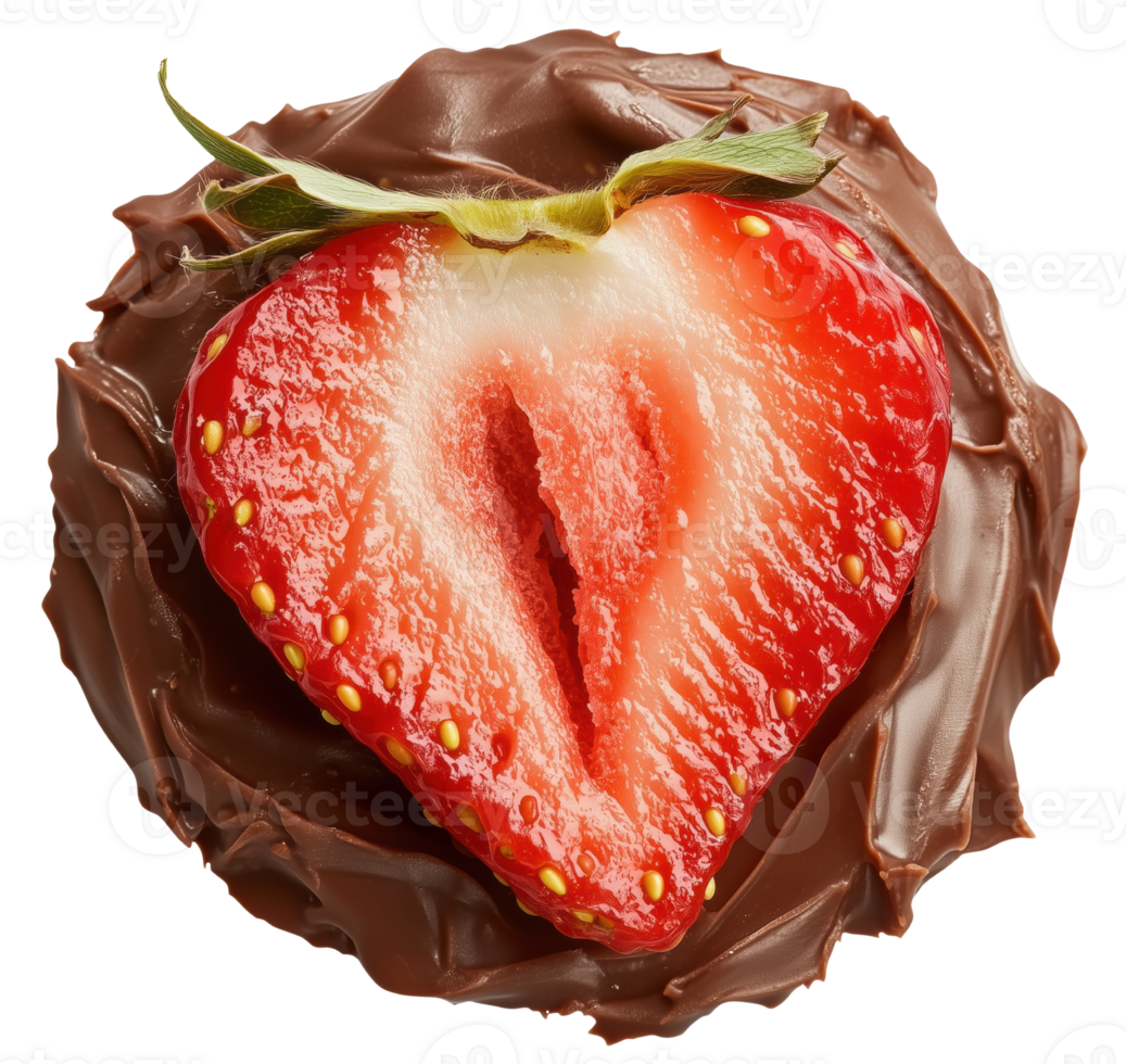 Delicious strawberry half topped with rich melted chocolate, creating tempting treat that delights senses. Perfect for dessert lovers Isolated on transparent background png