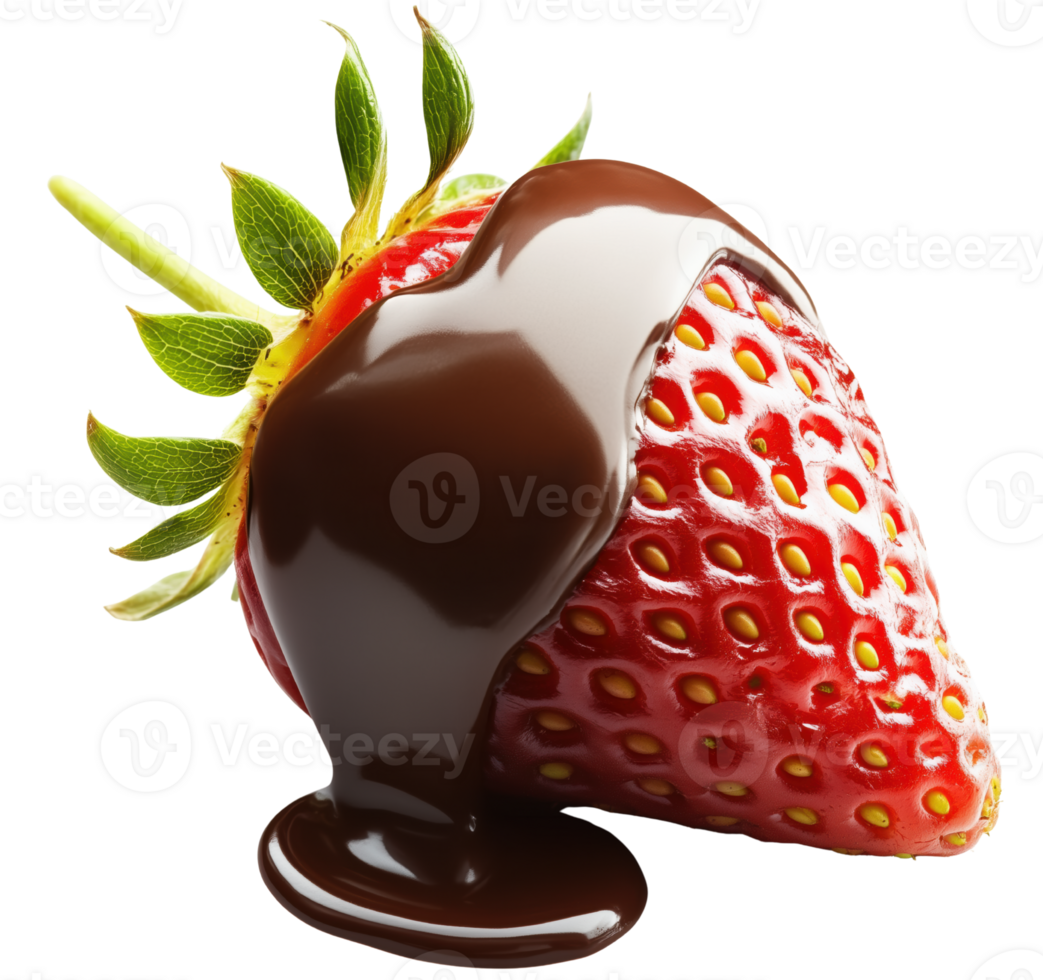 A Delicious strawberry dipped in rich melted chocolate, showcasing perfect blend of sweetness and indulgence, ideal for dessert lovers. Isolated on transparent background png