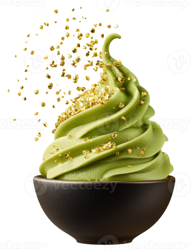 Matcha green tea ice cream topped with gold sprinkles in dark bowl, creating luxurious and appetizing dessert experience. isolated on transparent background png