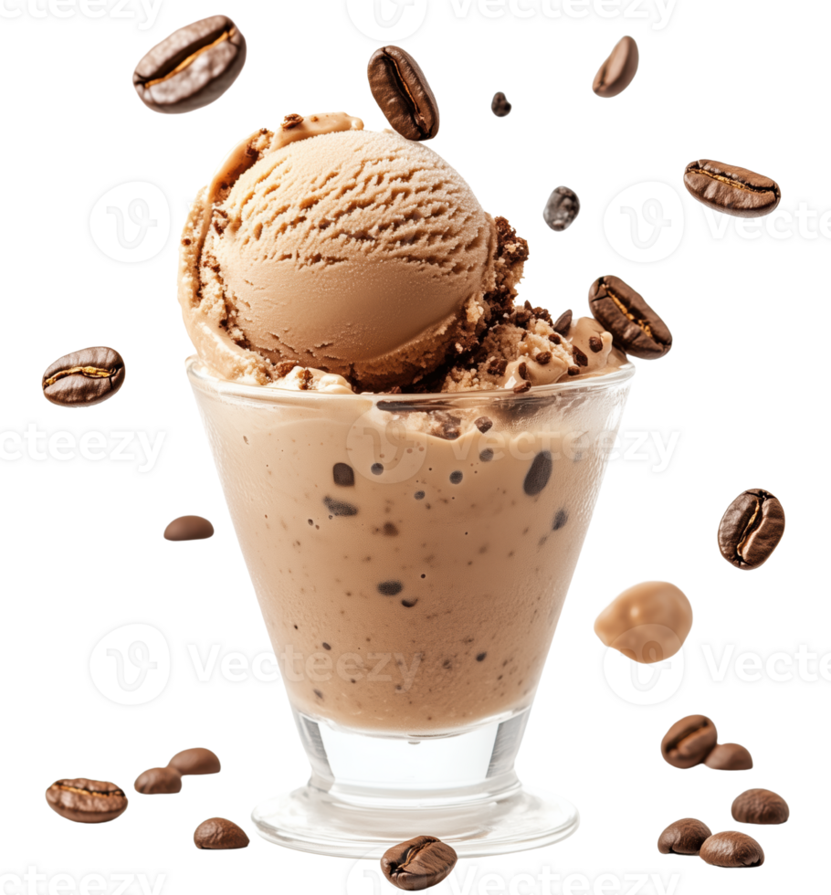 Delicious coffee ice cream served in glass, surrounded by coffee beans, creating delightful and inviting dessert experience. isolated on transparent background png