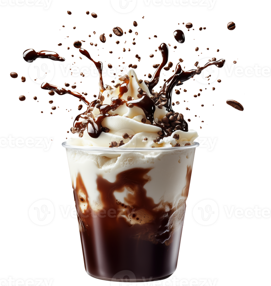 Creamy dessert topped with whipped cream and chocolate sauce, surrounded by splashes of coffee, creating delightful and indulgent visual experience. isolated on transparent background png