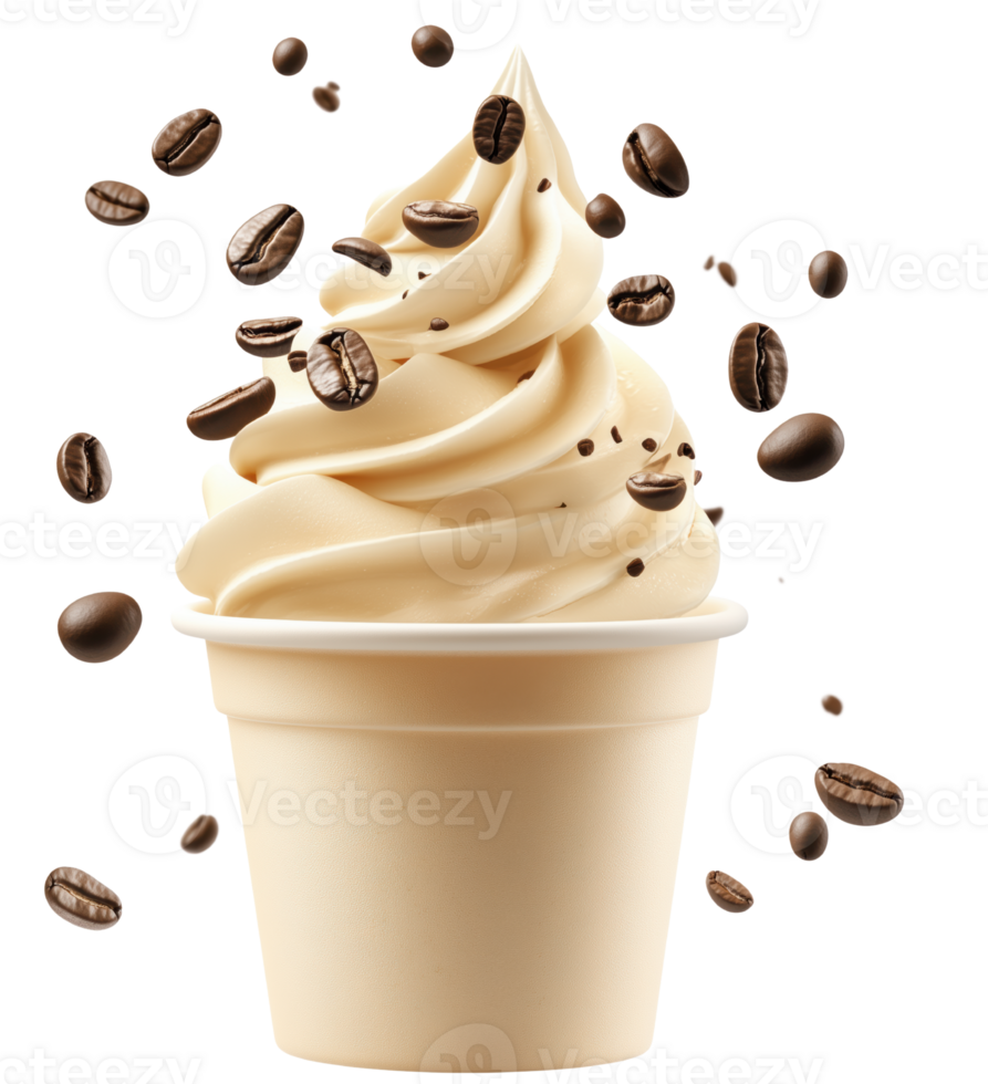 Creamy coffee ice cream topped with chocolate sprinkles and surrounded by coffee beans, creating delightful dessert experience. isolated on transparent background png