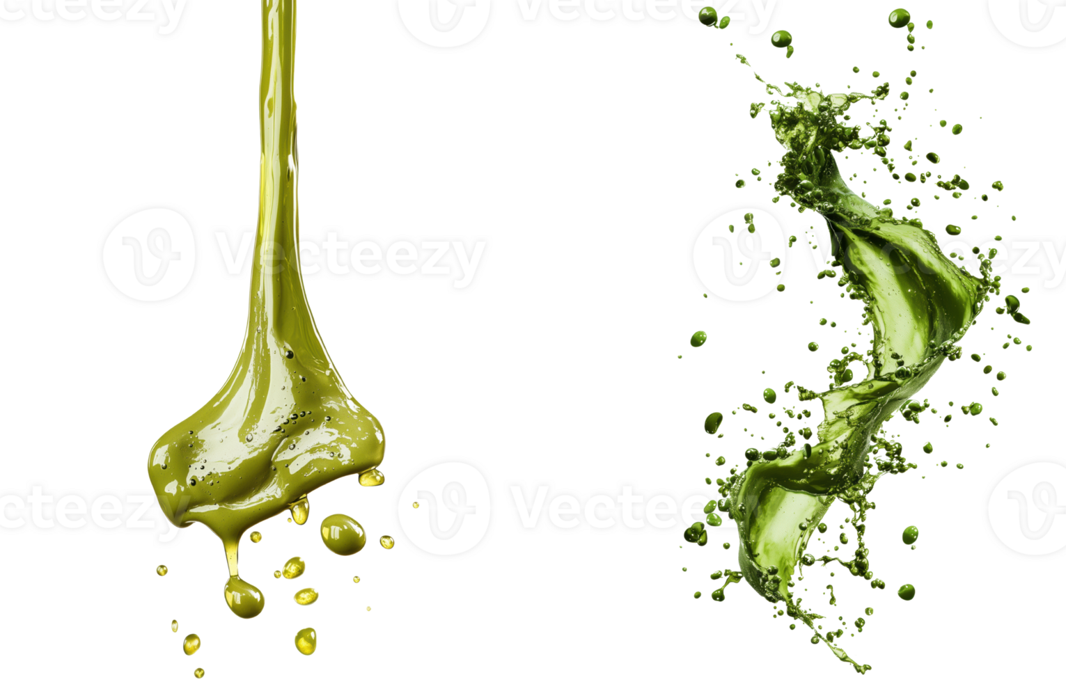 Rich green paint drips and splashes create vibrant and dynamic visual, showcasing fluidity and texture of color. energetic movement evokes creativity isolated on transparent background png