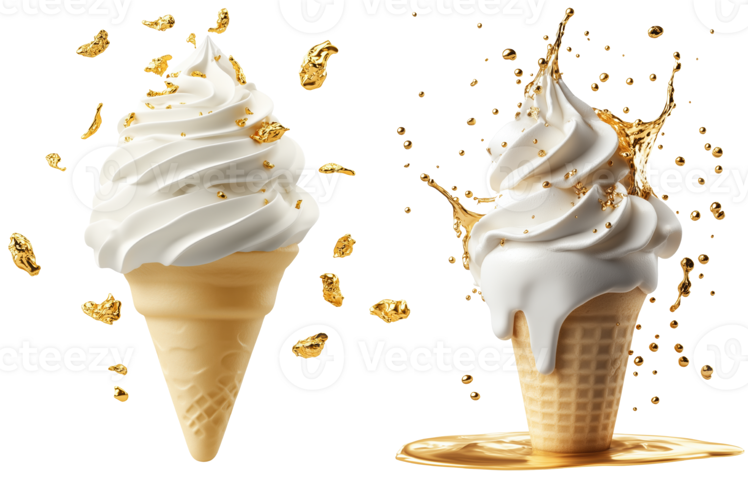 Delicious soft cream ice cream cones topped with gold flakes, creating luxurious dessert experience. Perfect for indulgence and celebration. isolated on transparent background png