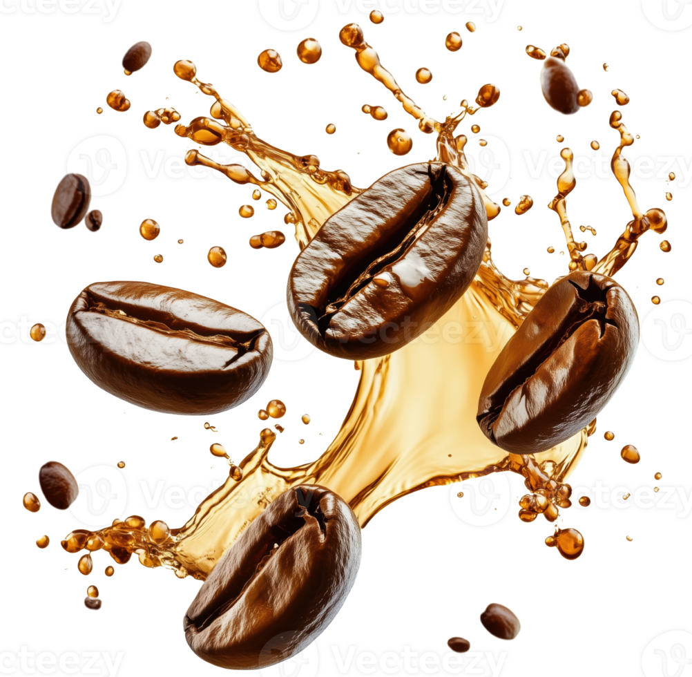 Splash coffee isolated on transparent background, showcasing coffee beans and dynamic liquid movement, creating energetic and vibrant visual. isolated on transparent background png