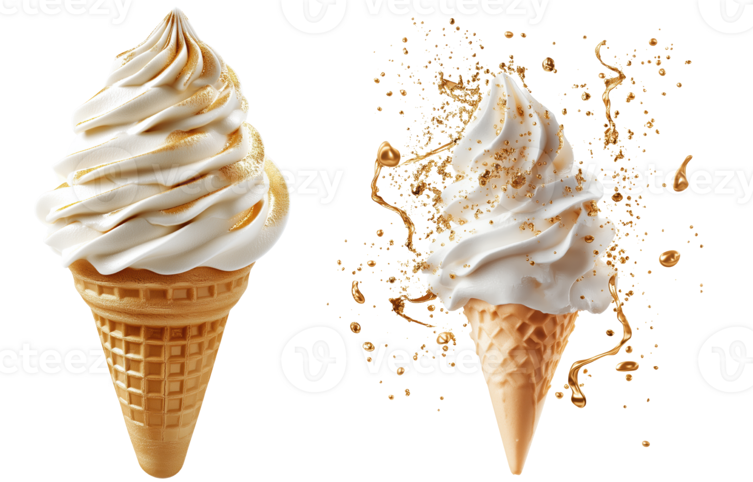 Delicious soft cream ice cream cones topped with gold accents, creating luxurious and tempting dessert experience. isolated on transparent background png
