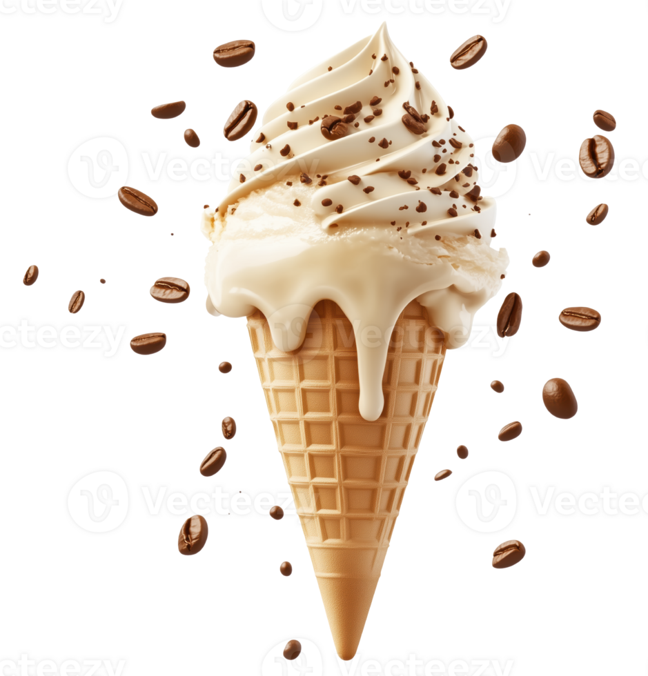 Creamy coffee ice cream cone topped with chocolate shavings and surrounded by coffee beans, creating delightful and indulgent treat. isolated on transparent background png