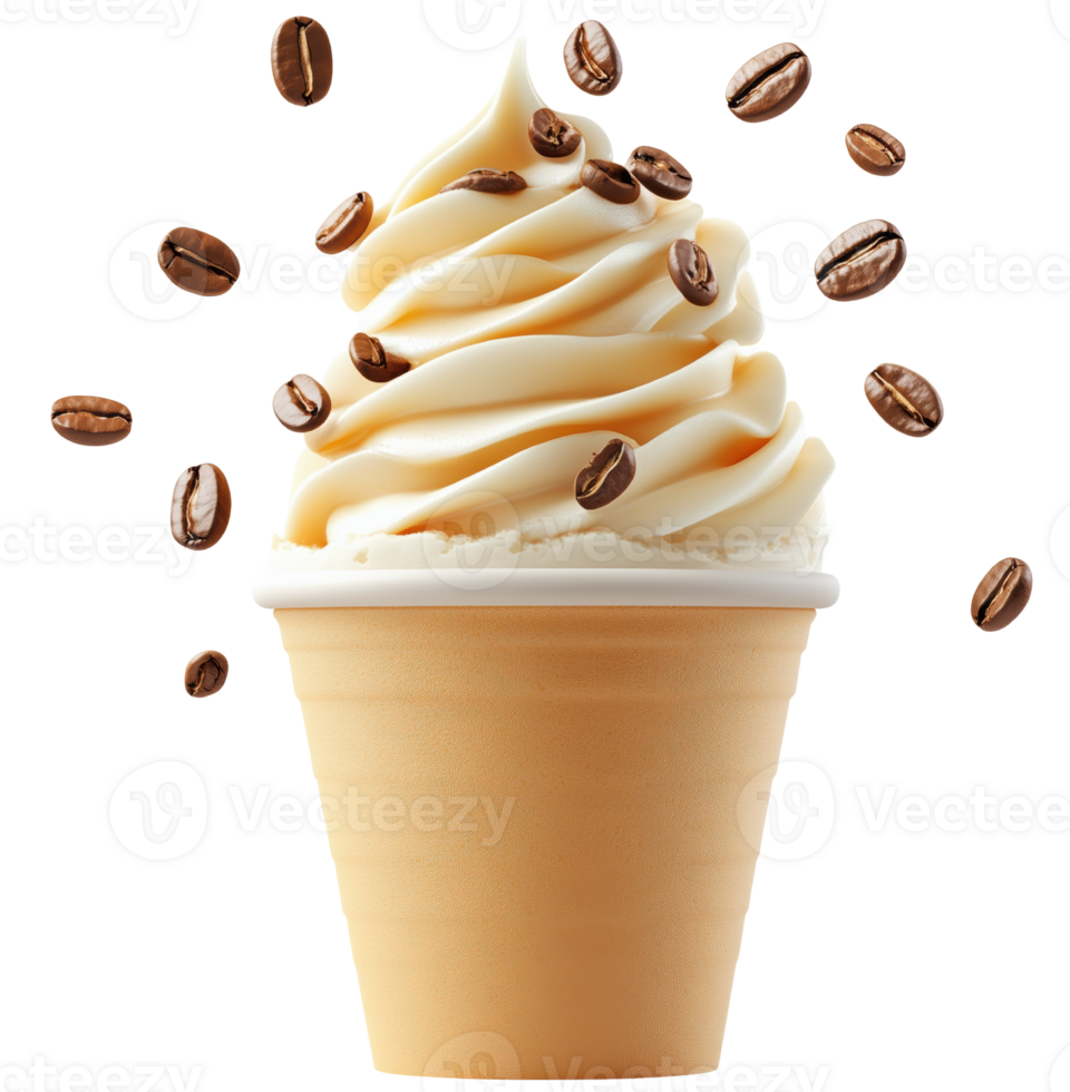 Creamy coffee ice cream swirled in cone, topped with coffee beans, evokes delightful treat perfect for coffee lovers. isolated on transparent background png