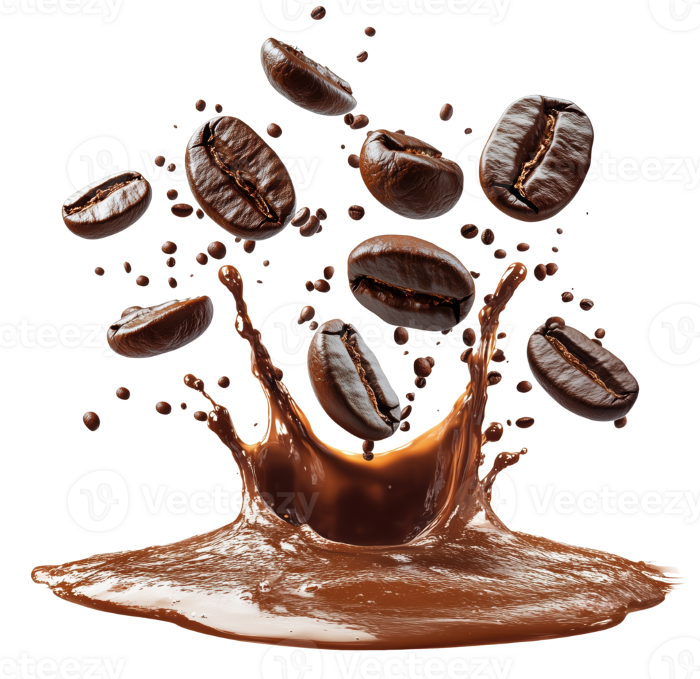 Splashing coffee creates dynamic scene with coffee beans flying through air, showcasing rich brown tones and sense of energy. isolated on transparent background png