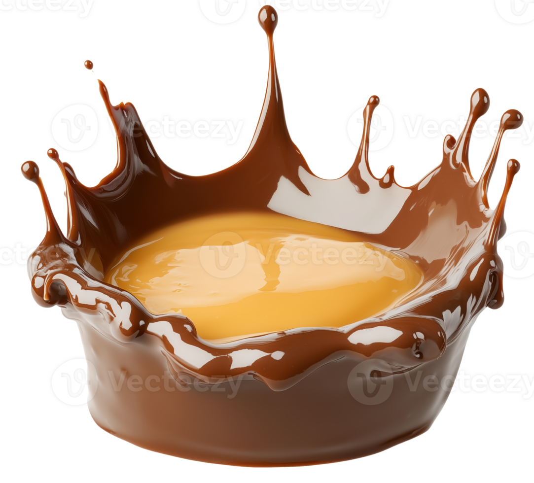 Rich melted chocolate with splash surrounding creamy butter center creates delightful visual. contrast of colors and textures evokes indulgence and luxury. Isolated on transparent background png