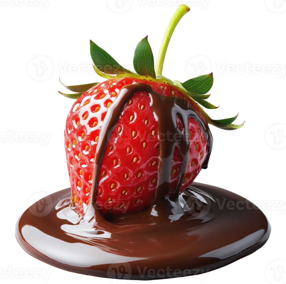 A Delicious strawberry dipped in rich melted chocolate, creating tempting treat that is perfect for dessert lovers. Isolated on transparent background png