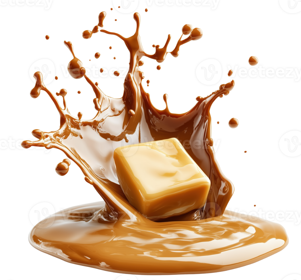Rich cube of butter splashes into melted chocolate, creating delightful and dynamic scene of indulgence. vibrant colors and textures evoke sense of luxury Isolated on transparent background png
