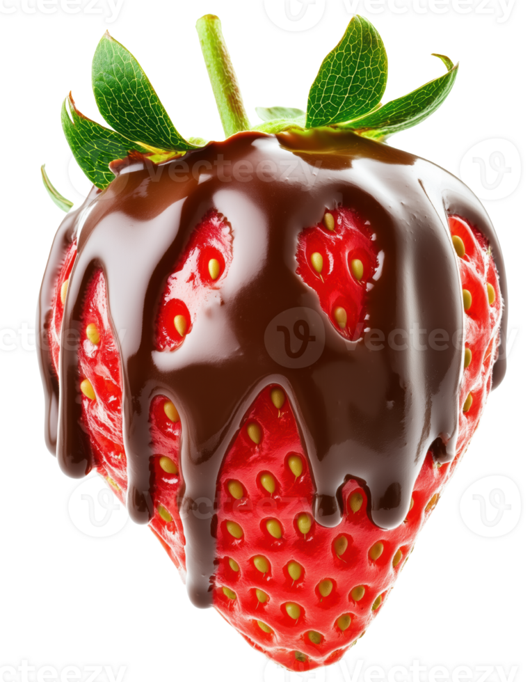 Delicious strawberry covered in rich melted chocolate, creating tempting treat that is visually appealing and indulgent. Isolated on transparent background png