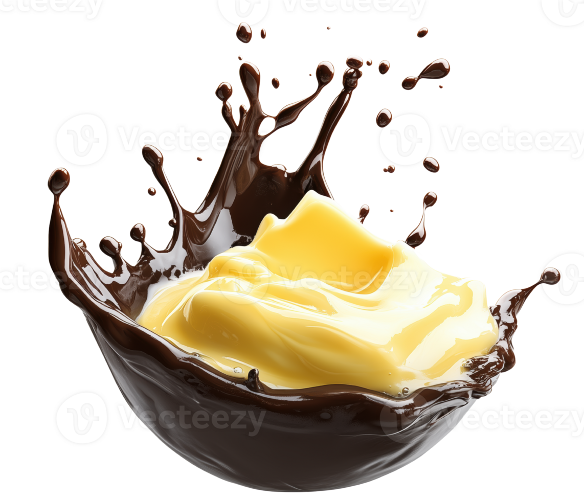 Rich melted butter with splash of chocolate creates delightful visual treat, showcasing smooth texture and vibrant colors in dynamic presentation. Isolated on transparent background png