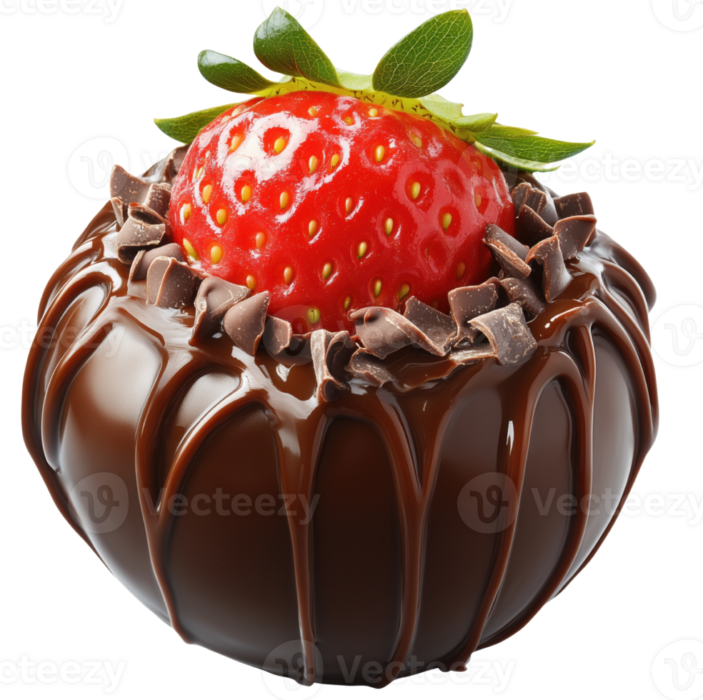 Delicious strawberry topped with rich chocolate and chocolate shavings, creating tempting dessert that delights senses. Isolated on transparent background png