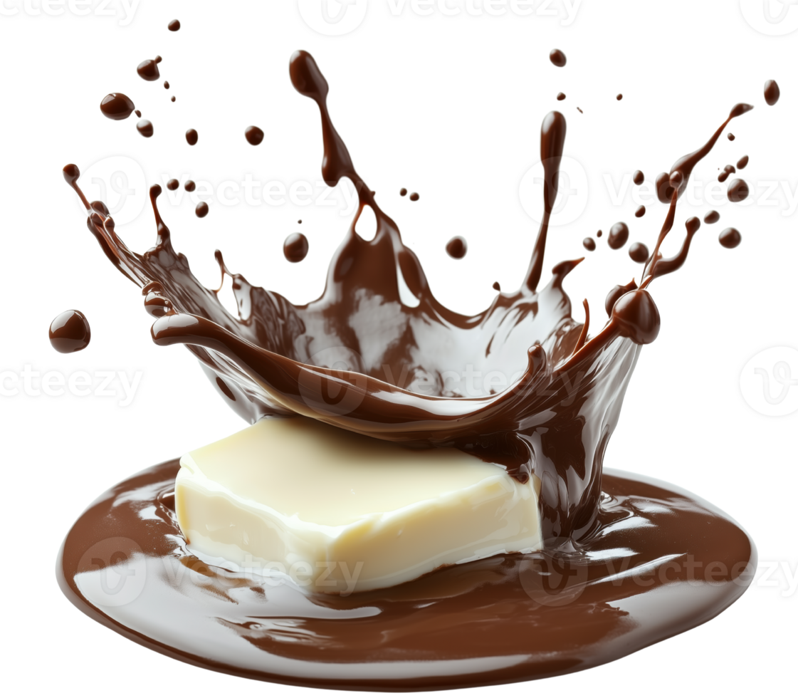 Rich melted chocolate splashes around piece of butter, creating dynamic and appetizing scene. contrast of colors and textures evokes sense of indulgence Isolated on transparent background png
