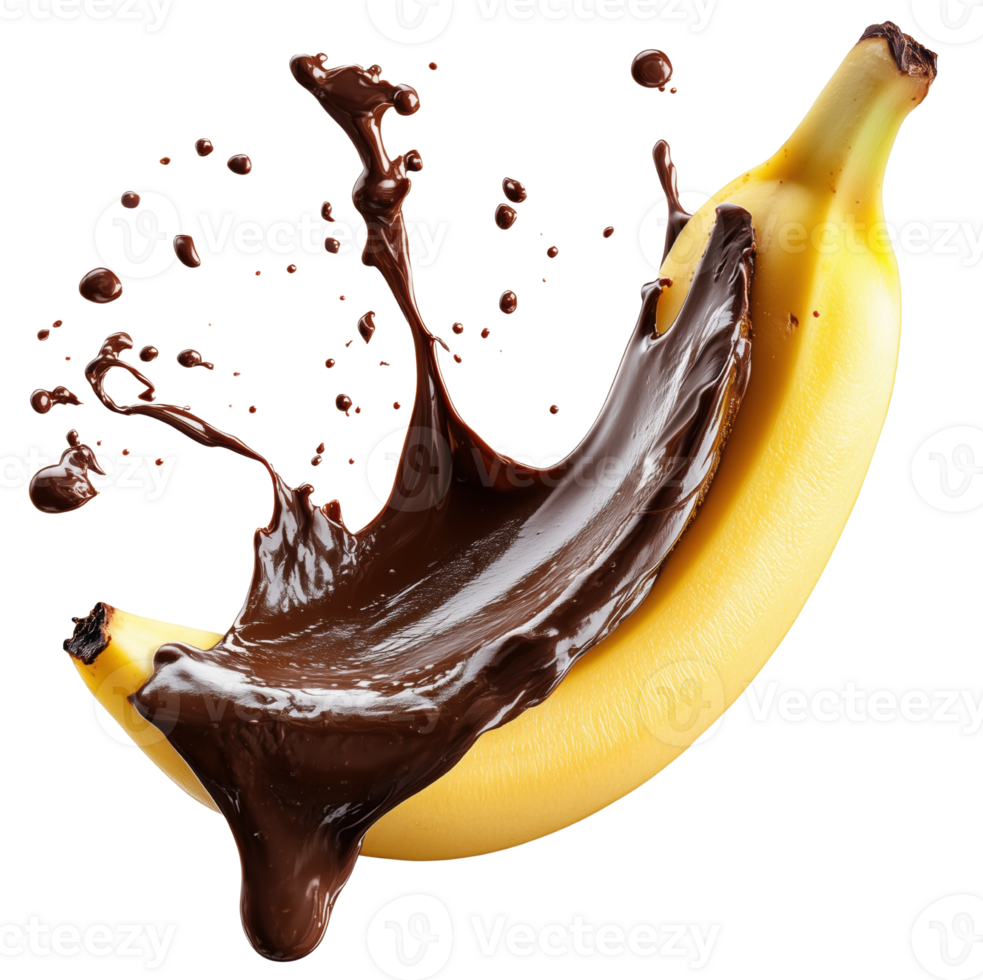 Banana splashed with rich melted chocolate creates delightful and tempting visual treat, perfect for dessert lovers. Isolated on transparent background png