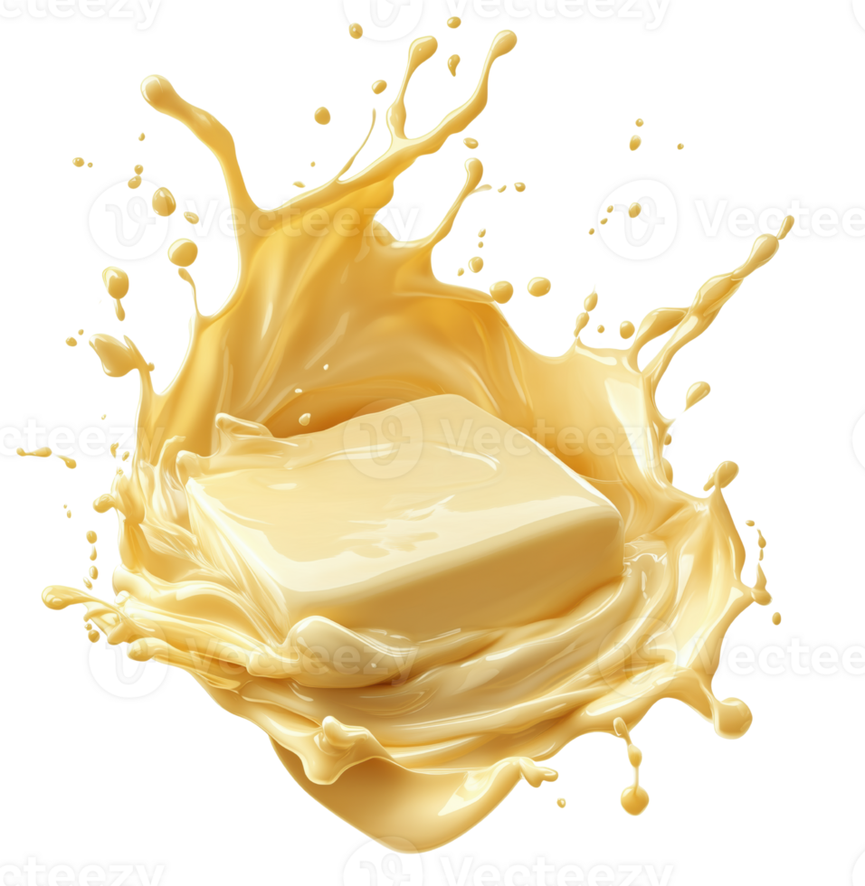 Creamy butter splash creates dynamic visual, showcasing rich texture and color of product. Perfect for culinary themes and food photography. Isolated on transparent background png