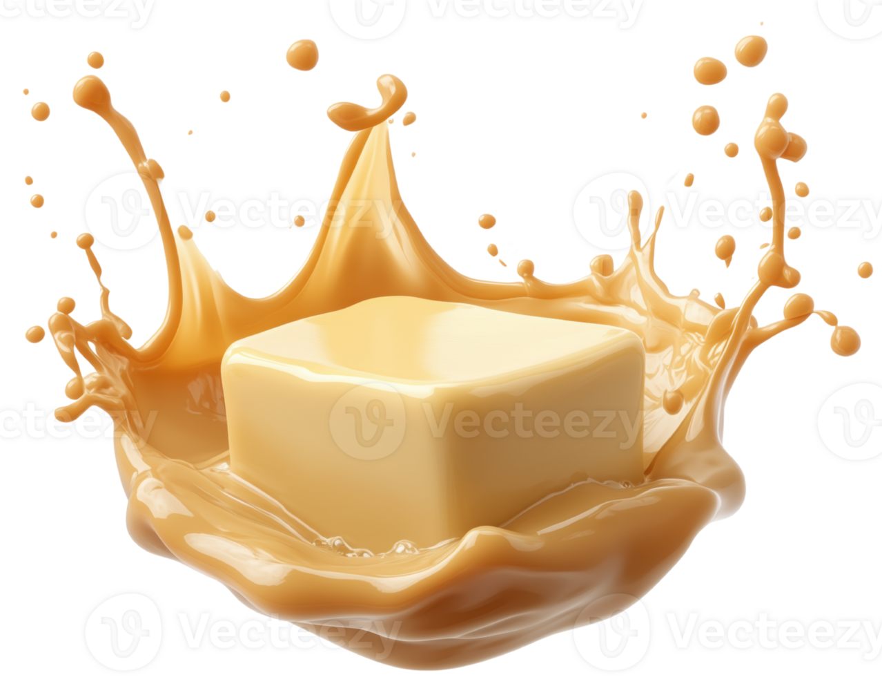 Creamy butter splashing in liquid, creating dynamic and appetizing scene. vibrant splash adds excitement to image, showcasing texture and richness of butter. Isolated on transparent background png