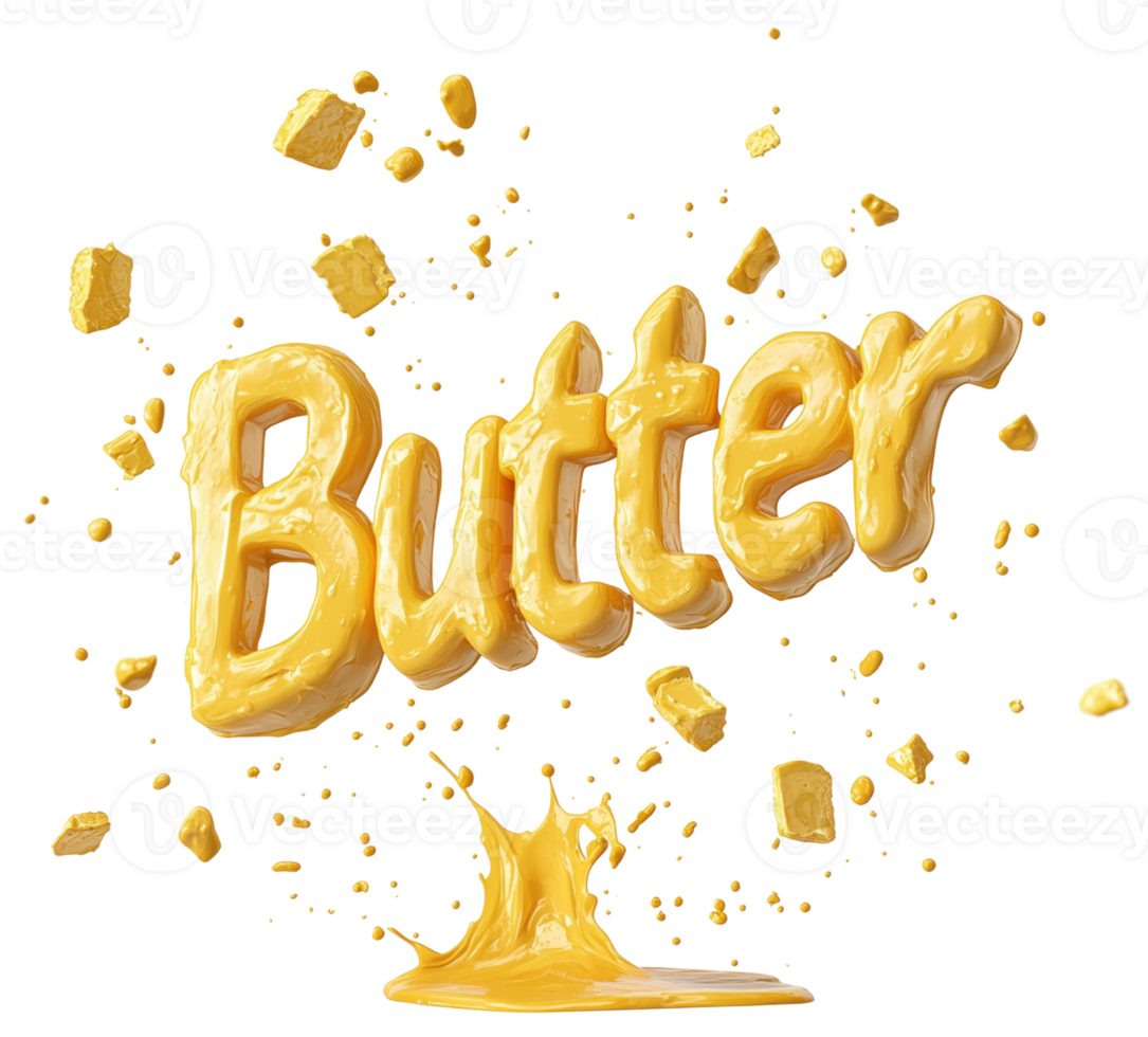 Creamy butter splashes and drips, creating vibrant and playful scene with golden hues and scattered chunks, evoking sense of indulgence and delight. Isolated on transparent background png