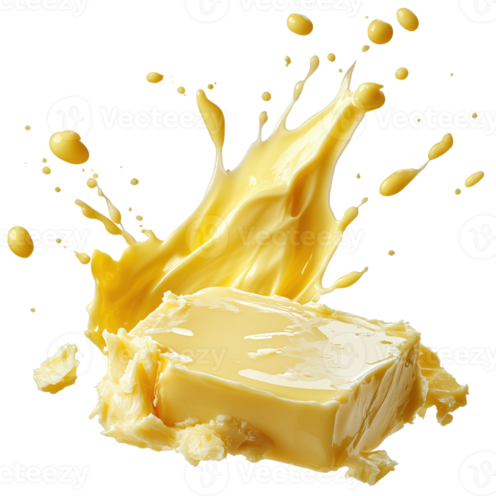 Creamy butter splashes against transparent background, showcasing its rich yellow color and smooth texture, evoking sense of freshness and indulgence. Isolated on transparent background png