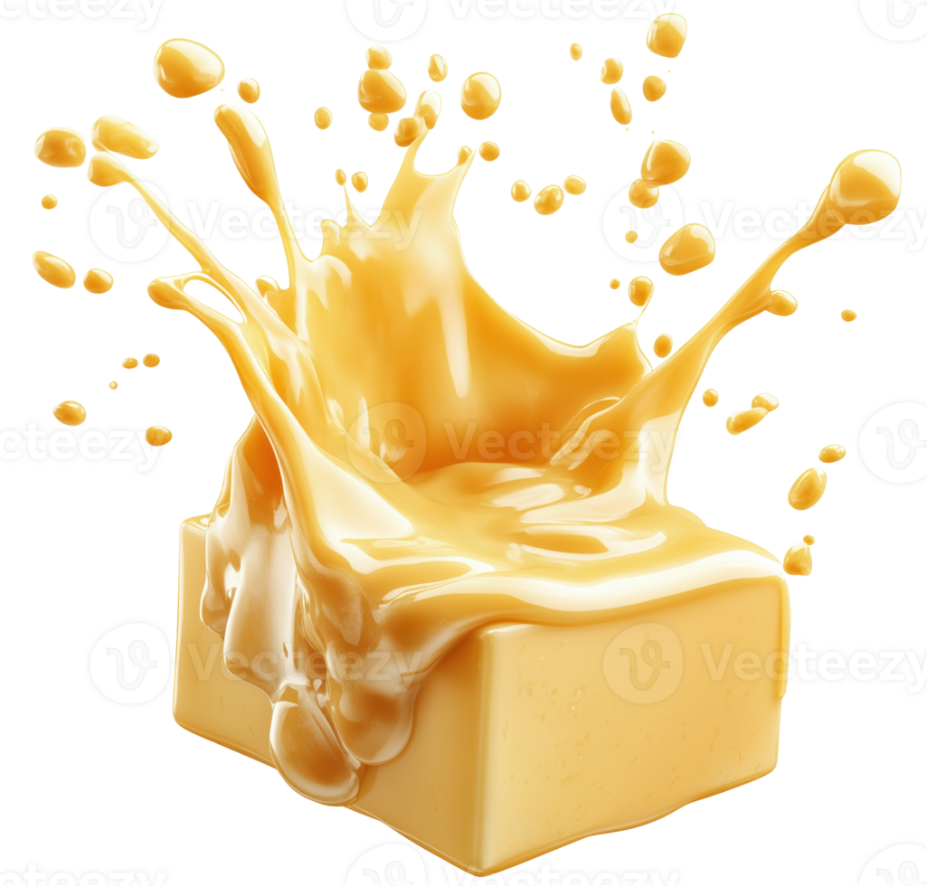 Creamy butter splash creates delightful visual, showcasing rich texture and golden color of product. Perfect for culinary themes. Isolated on transparent background png