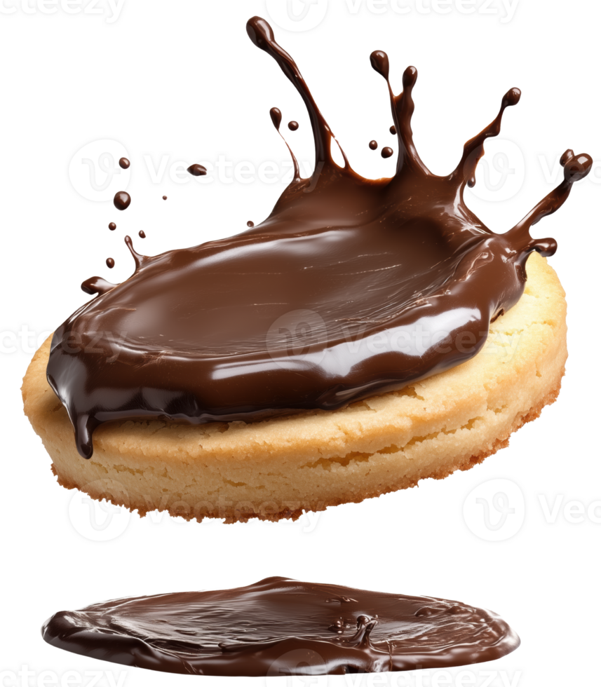 Delicious shortbread cookie topped with splash of rich melted chocolate, creating tempting and indulgent treat that delights senses. Isolated on transparent background png
