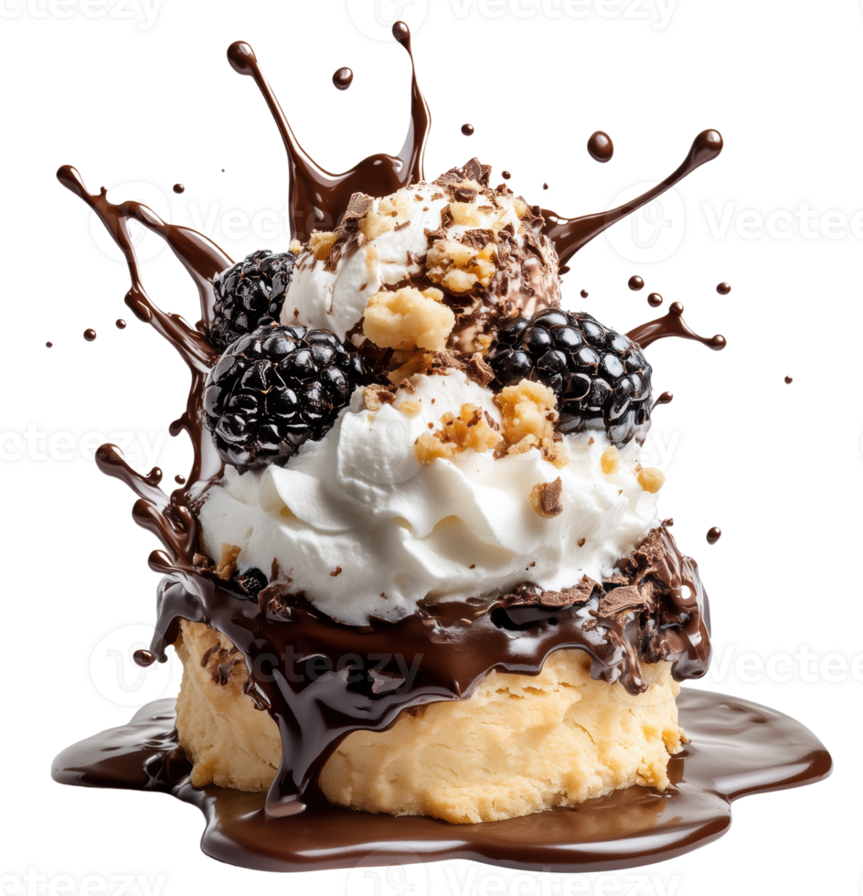 Decadent dessert featuring shortbread base topped with rich chocolate, whipped cream, blackberries, and splash of chocolate sauce, creating delightful treat. Isolated on transparent background png