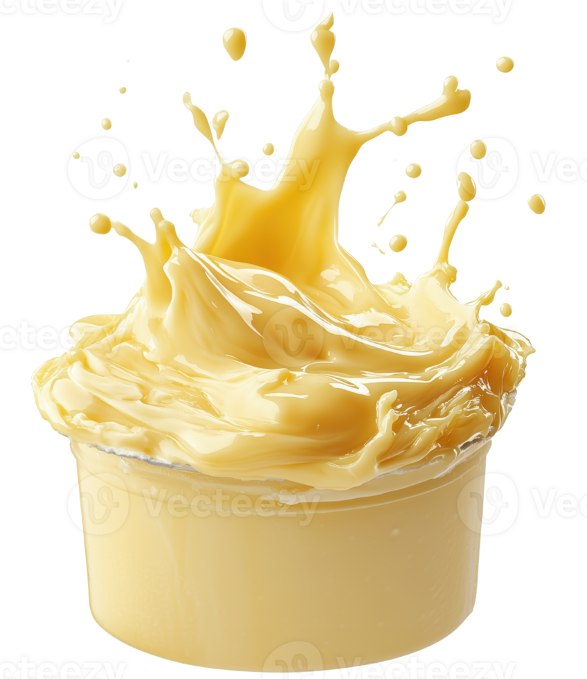 Creamy splash of butter creates dynamic visual, showcasing its rich texture and vibrant color against transparent background. Isolated on transparent background png