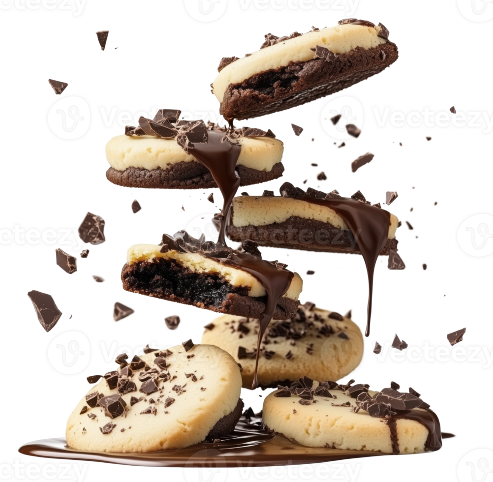Floating butter cookies with rich melted chocolate create delightful visual treat, showcasing layers of sweetness and indulgence. Isolated on transparent background png