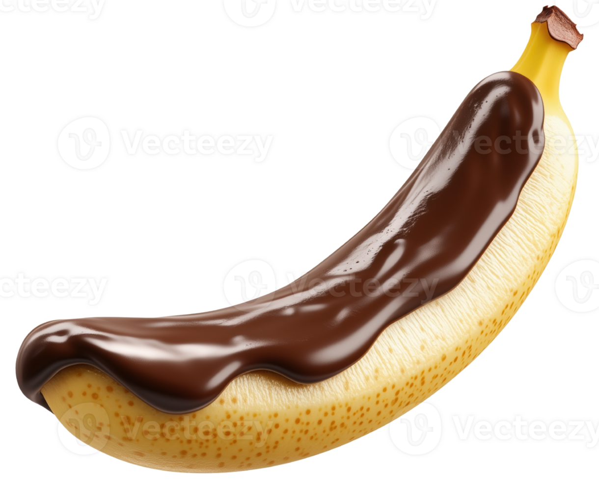 Banana covered in rich melted chocolate, creating delicious and tempting treat. smooth texture of chocolate contrasts beautifully with yellow fruit. Isolated on transparent background png