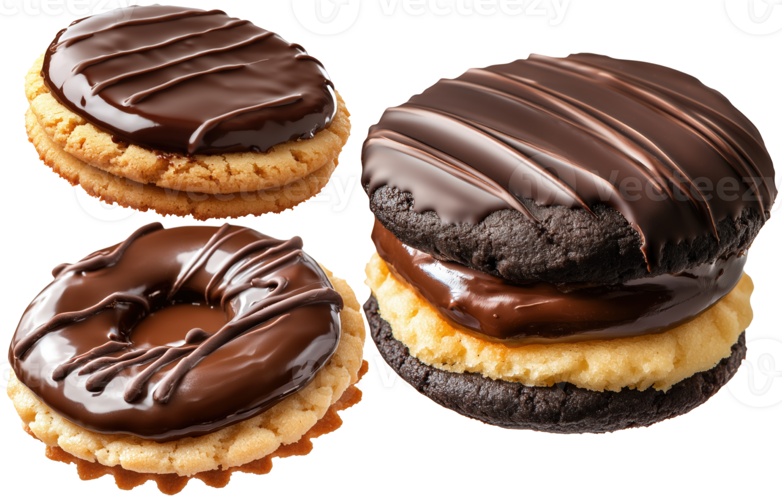 Delicious cookies with rich chocolate coating, featuring variety of textures and flavors, perfect for dessert lovers. Isolated on transparent background png