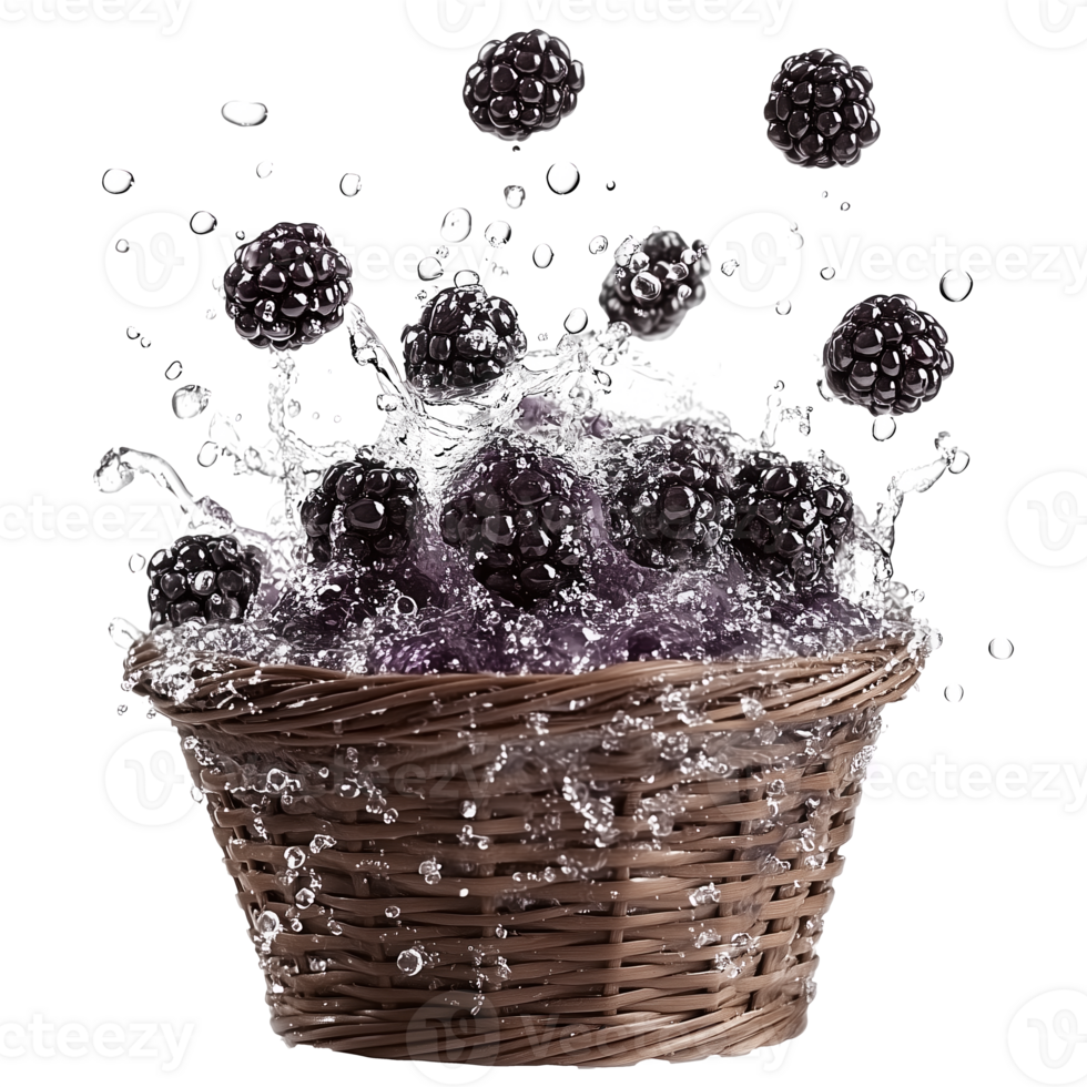 Fresh blackberries in rustic basket with water splash, isolated on transparent background png