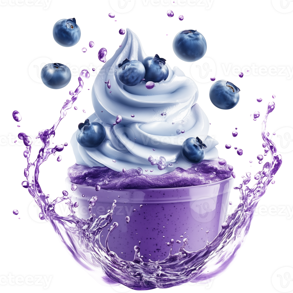 Frozen blueberry ice cream in motion splash, dripping texture isolated on transparent background png