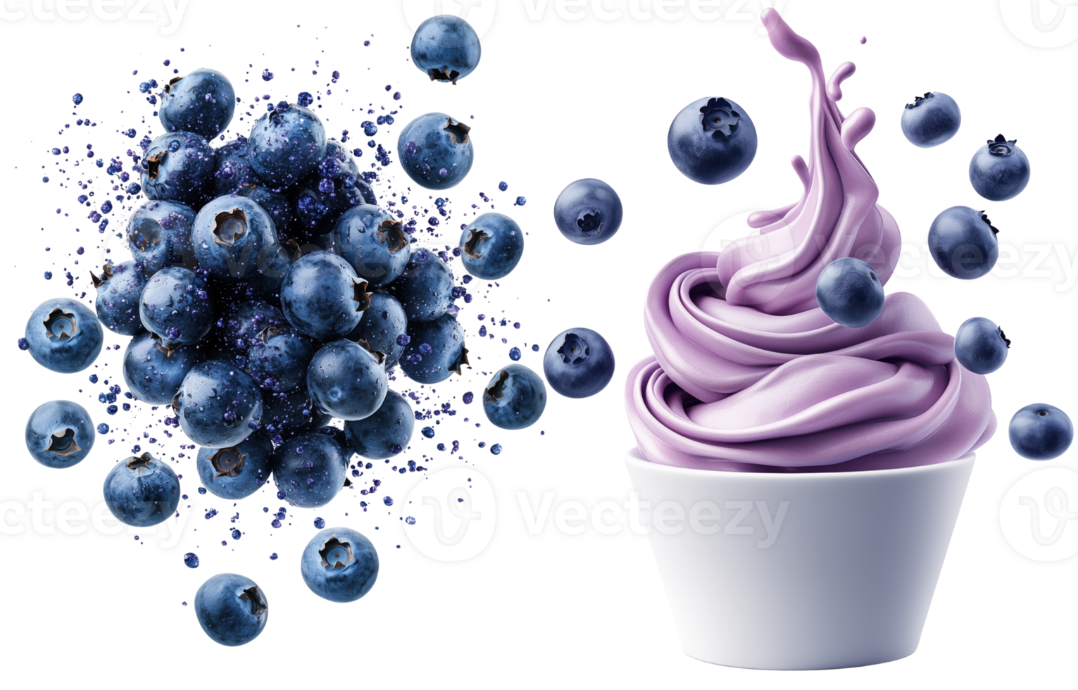 Creative set of blueberries and scoops of blueberry ice cream isolated on transparent background png