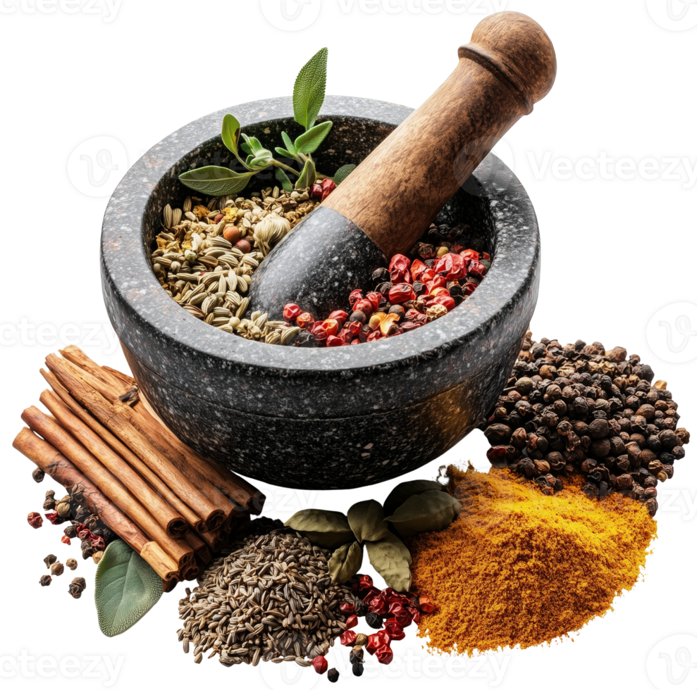 Traditional herbal mortar filled with Thai herbs isolated on transparent background for natural health visuals png